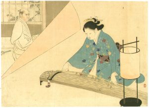 Gravure sur bois d'une geisha jouant du koto
